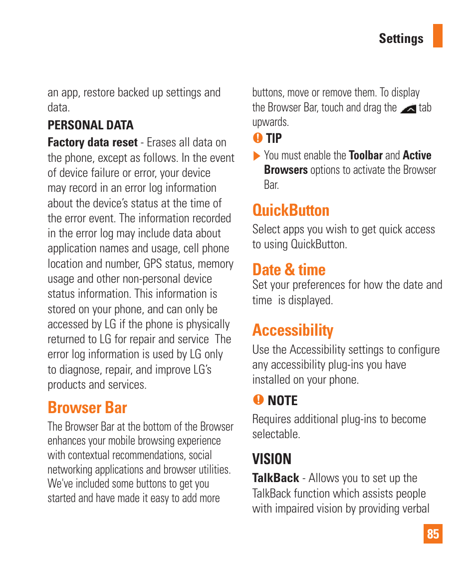 Browser bar, Quickbutton, Date & time | Accessibility, Browser bar quickbutton date & time | LG E980 User Manual | Page 85 / 122