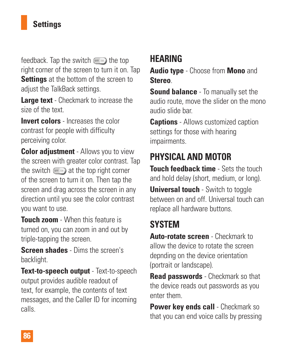 Hearing, Physical and motor, System | LG E980 User Manual | Page 86 / 122