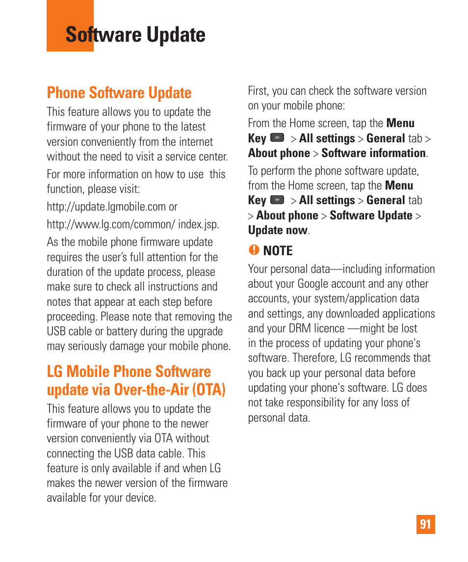 Software update, Phone software update | LG E980 User Manual | Page 91 / 122