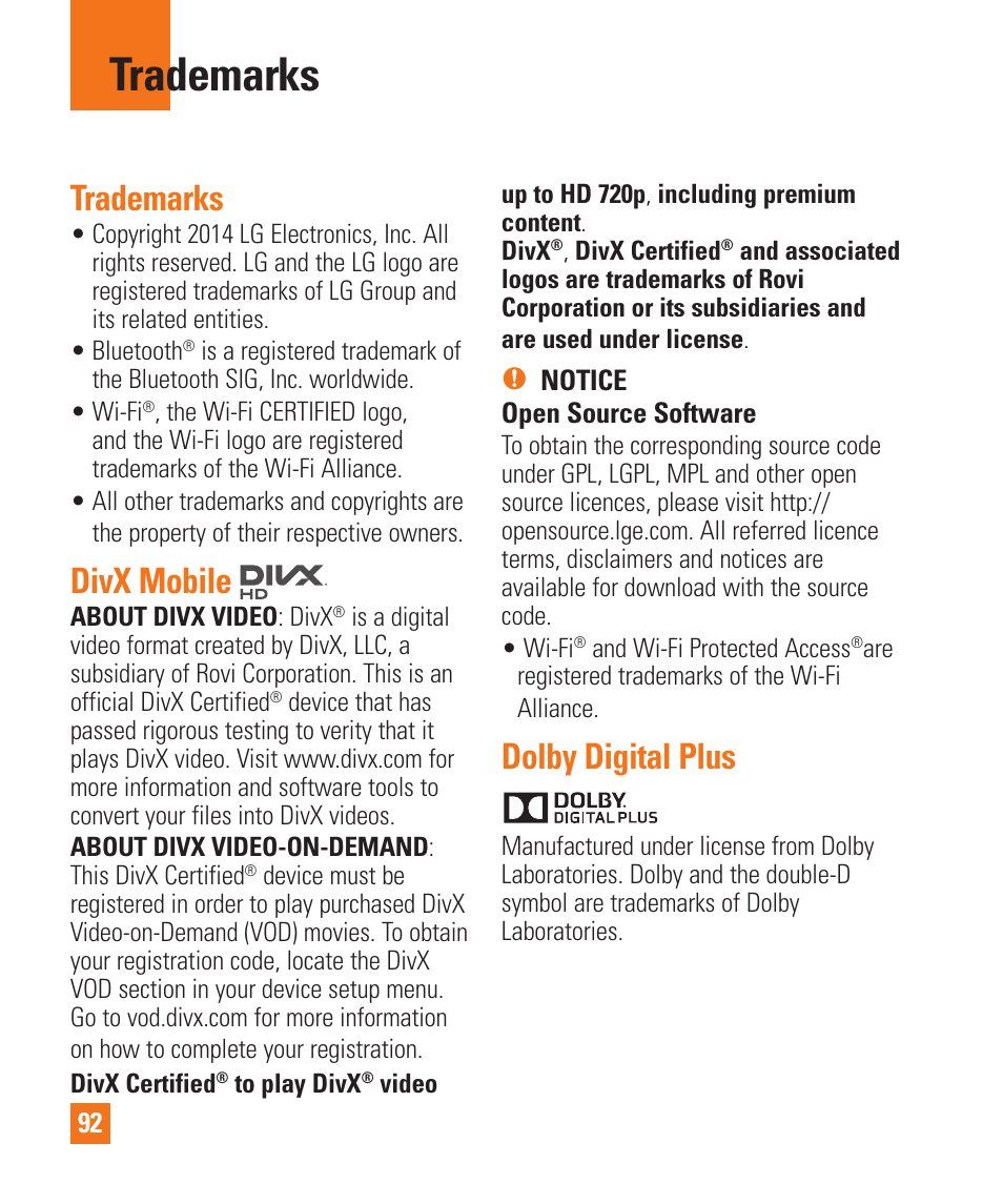 Trademarks, Divx mobile, Dolby digital plus | LG E980 User Manual | Page 92 / 122