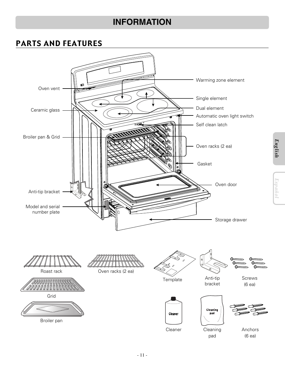 Information, Parts and features | LG LRE30451ST User Manual | Page 11 / 34