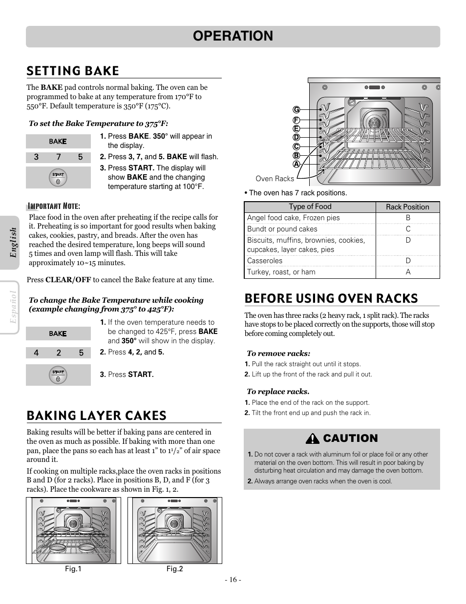 Operation, S et t i ng bak e, Baking layer cakes | Before using oven racks, Caution | LG LRE30451ST User Manual | Page 16 / 34