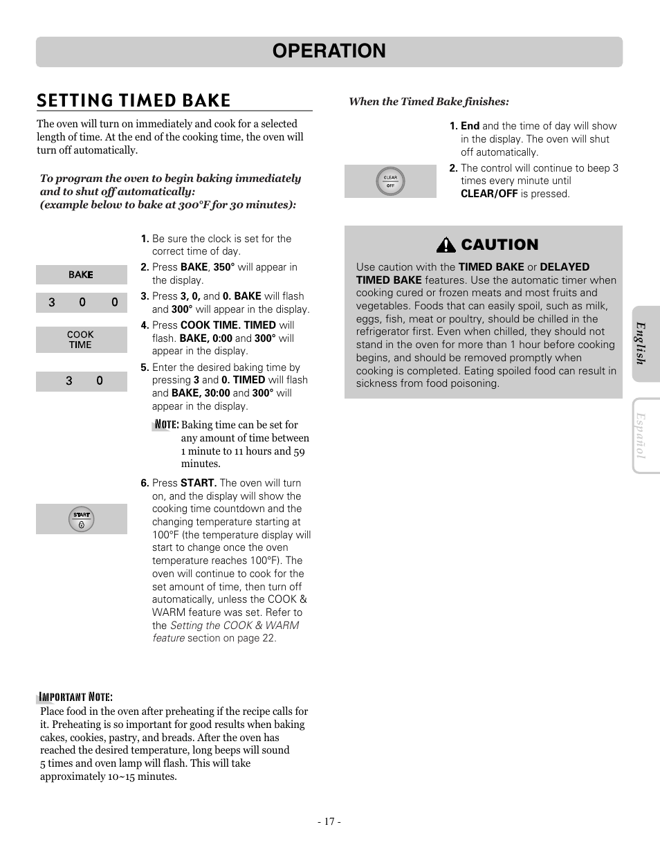 Operation, Setting timed bake, Caution | LG LRE30451ST User Manual | Page 17 / 34