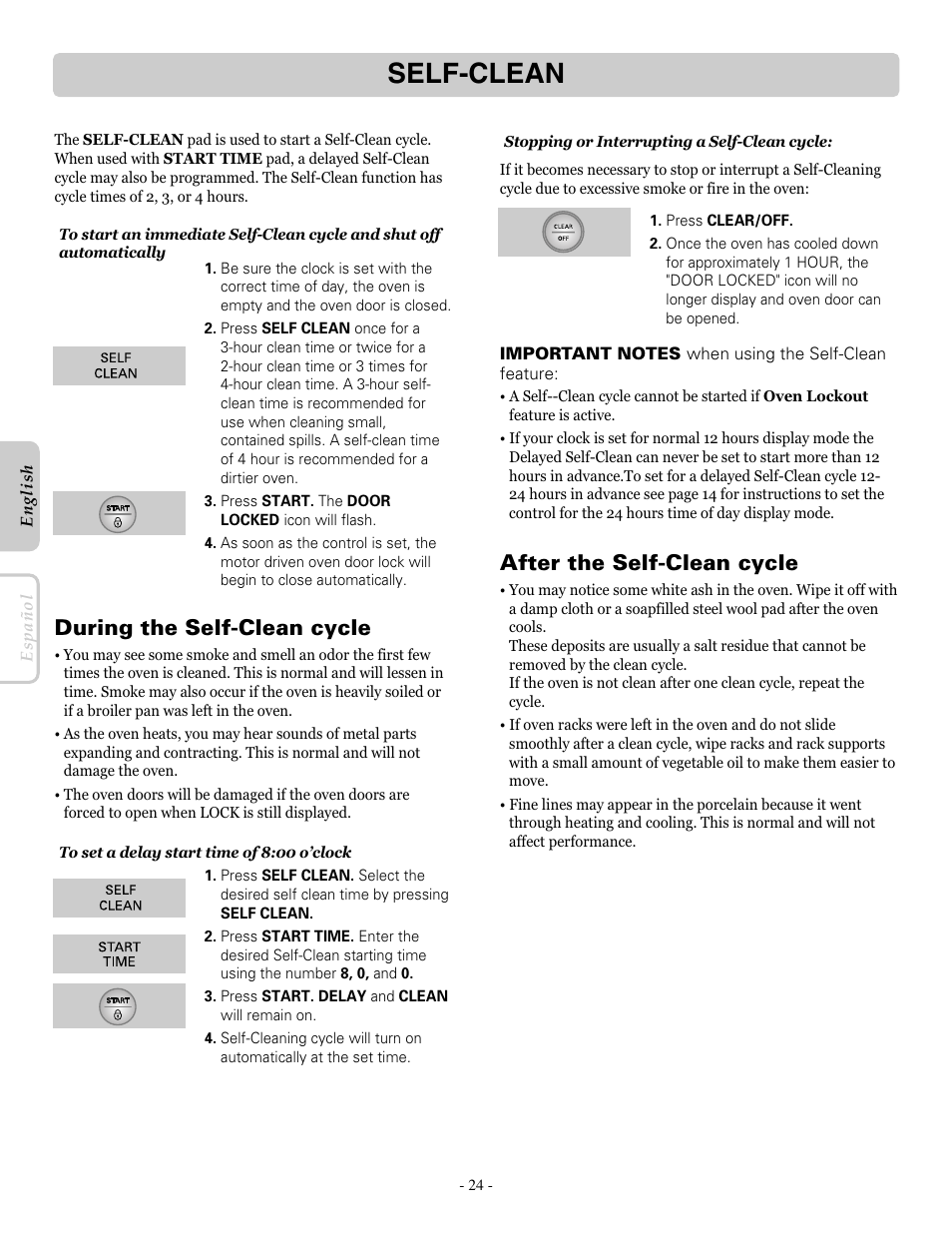 Self-clean, During the self-clean cycle, After the self-clean cycle | LG LRE30451ST User Manual | Page 24 / 34