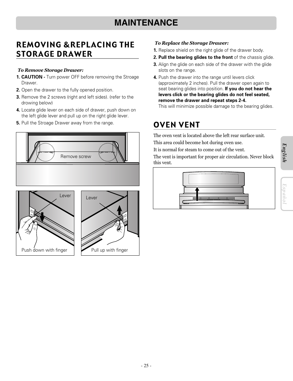 Maintenance, Removing &replacing the storage drawer | LG LRE30451ST User Manual | Page 25 / 34