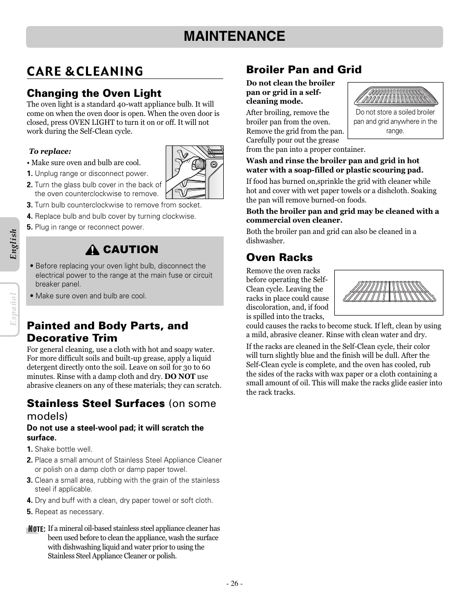 Maintenance, Care &cleaning, Changing the oven light | Painted and body parts, and decorative trim, Stainless steel surfaces (on some models), Broiler pan and grid, Oven racks, Caution | LG LRE30451ST User Manual | Page 26 / 34