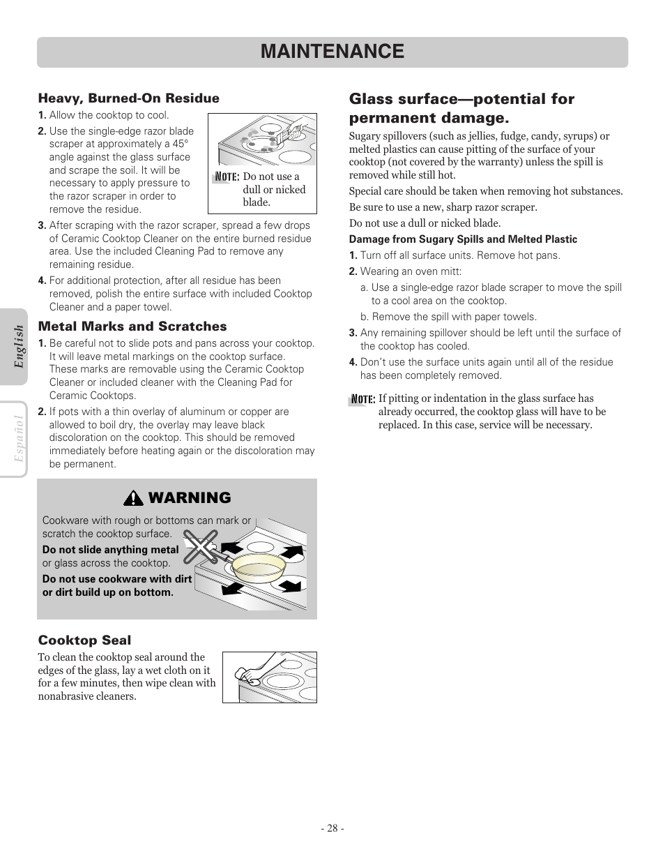 Maintenance, Glass surface—potential for permanent damage, Warning | LG LRE30451ST User Manual | Page 28 / 34