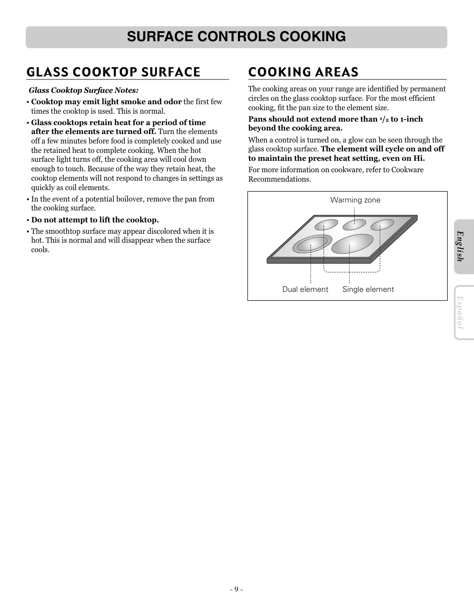 Surface controls cooking, Cooking areas, Glass cooktop surface | LG LRE30451ST User Manual | Page 9 / 34