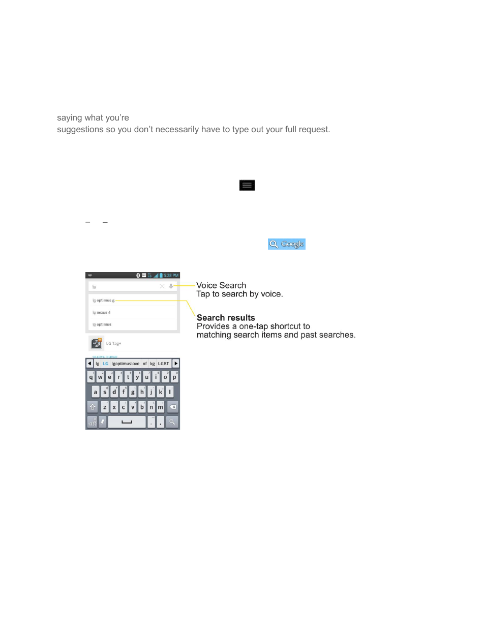 Search your phone and the web, Phone and web search using text entry | LG LS970 User Manual | Page 44 / 192