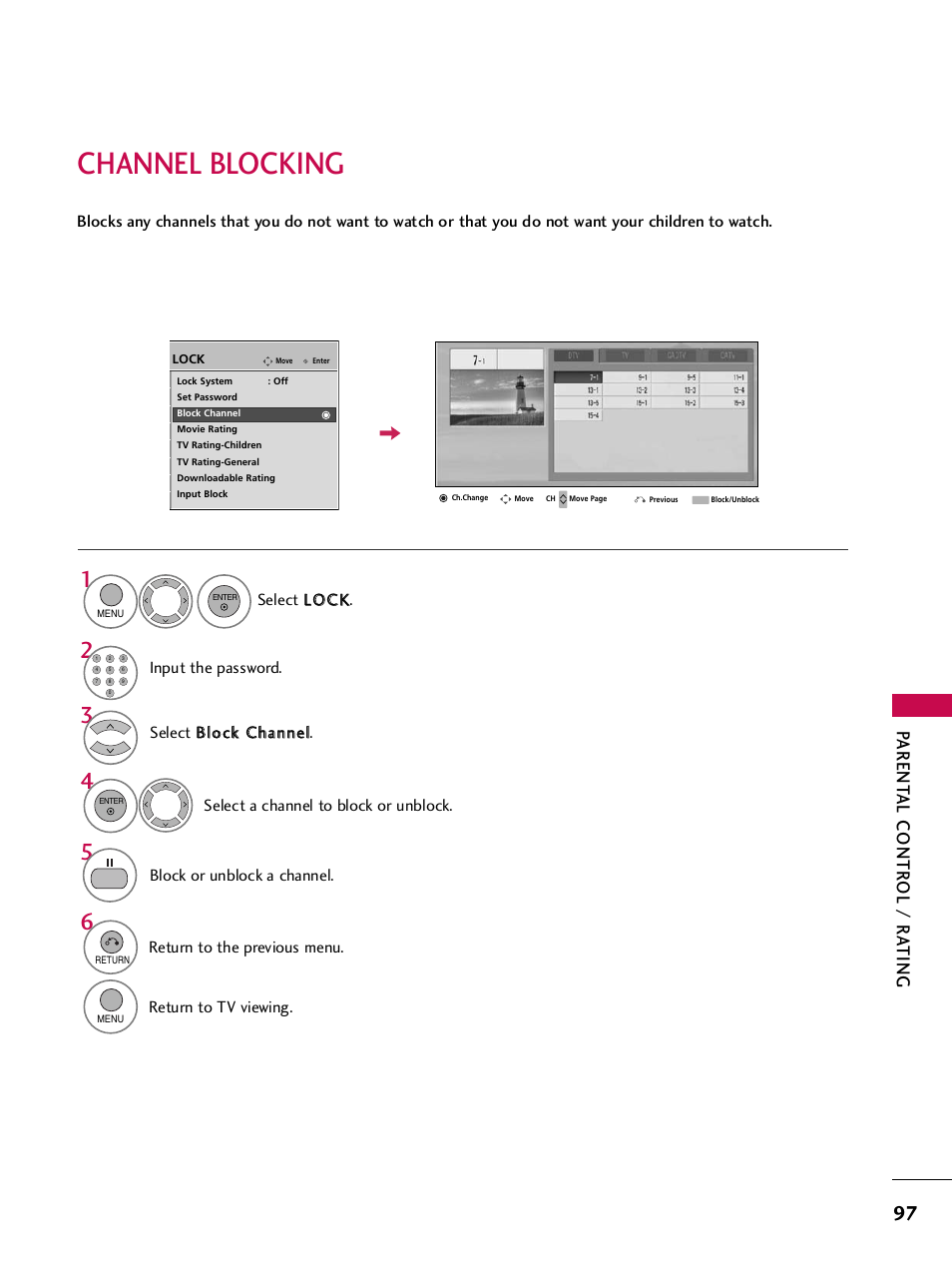 Channel blocking, Parent al contr ol / r a ting | LG 42PQ30C User Manual | Page 101 / 371