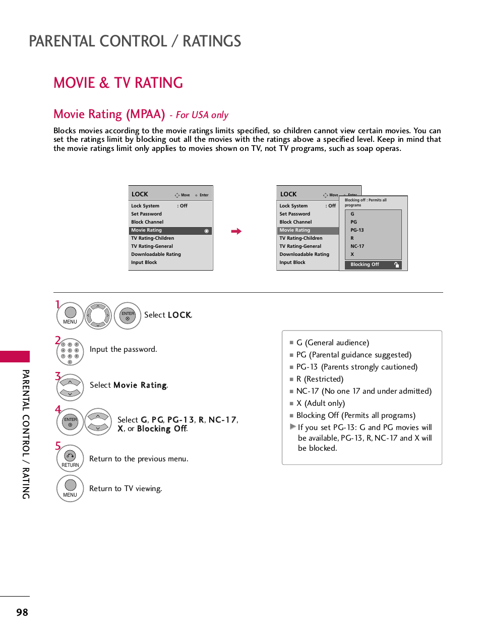 Movie & tv rating, Movie rating (mpaa) - for usa only, Parental control / ratings | Movie rating (mpaa), For usa only, Parent al contr ol / r a ting | LG 42PQ30C User Manual | Page 102 / 371