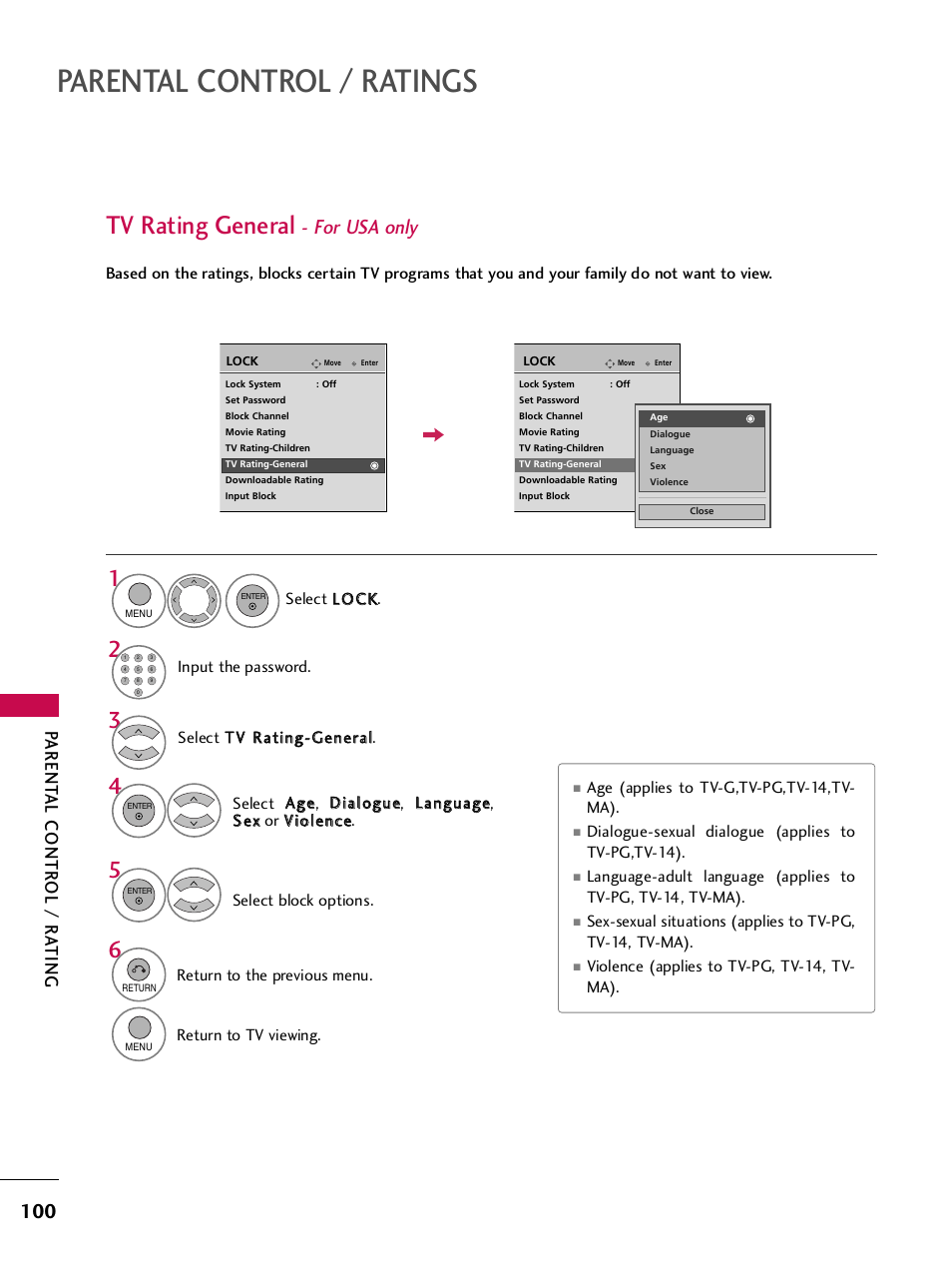 Tv rating general - for usa only, Parental control / ratings, Tv rating general | For usa only, Parent al contr ol / r a ting | LG 42PQ30C User Manual | Page 104 / 371