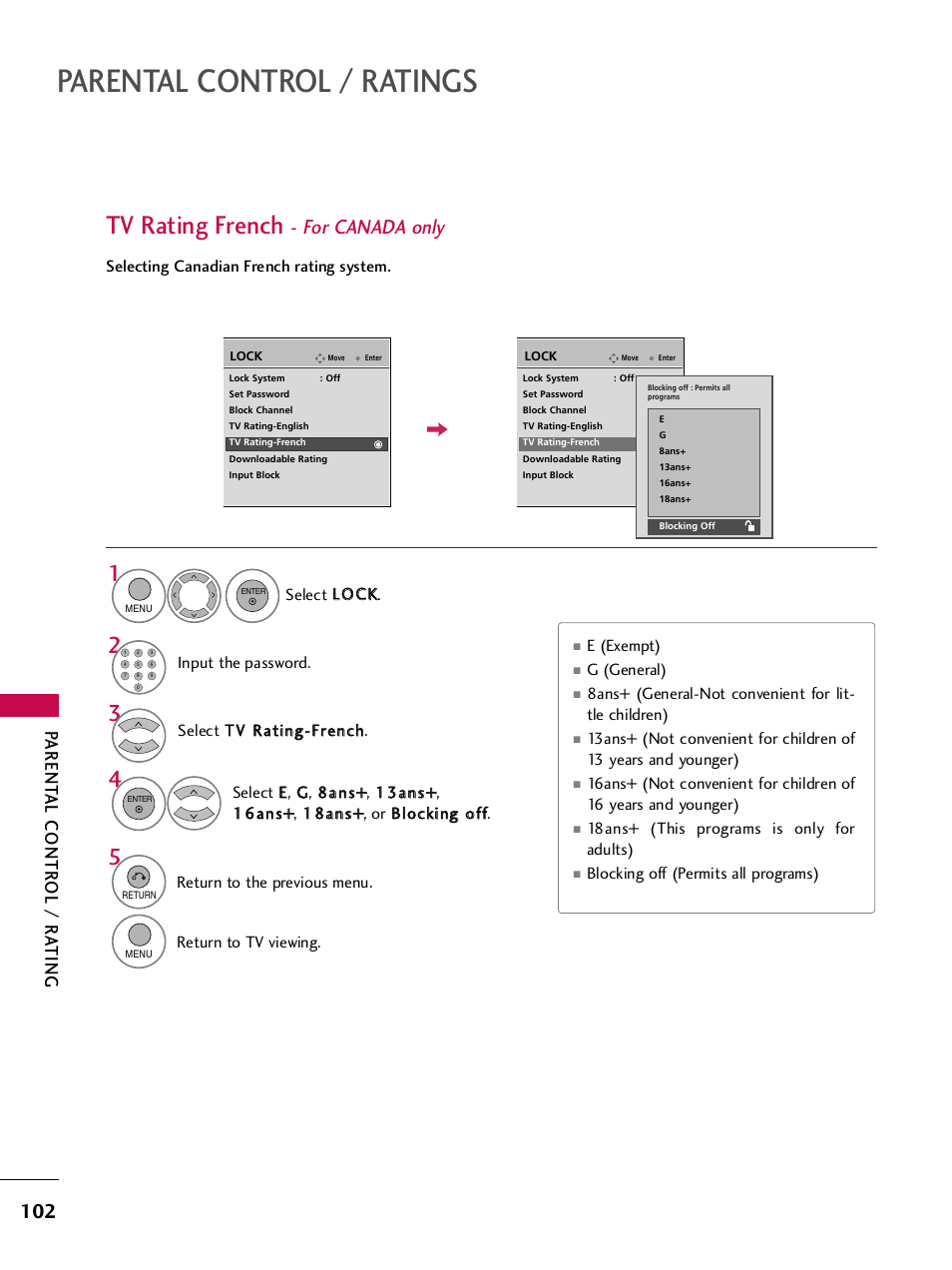 Tv rating french - for canada only, Parental control / ratings, Tv rating french | For canada only, Parent al contr ol / r a ting | LG 42PQ30C User Manual | Page 106 / 371