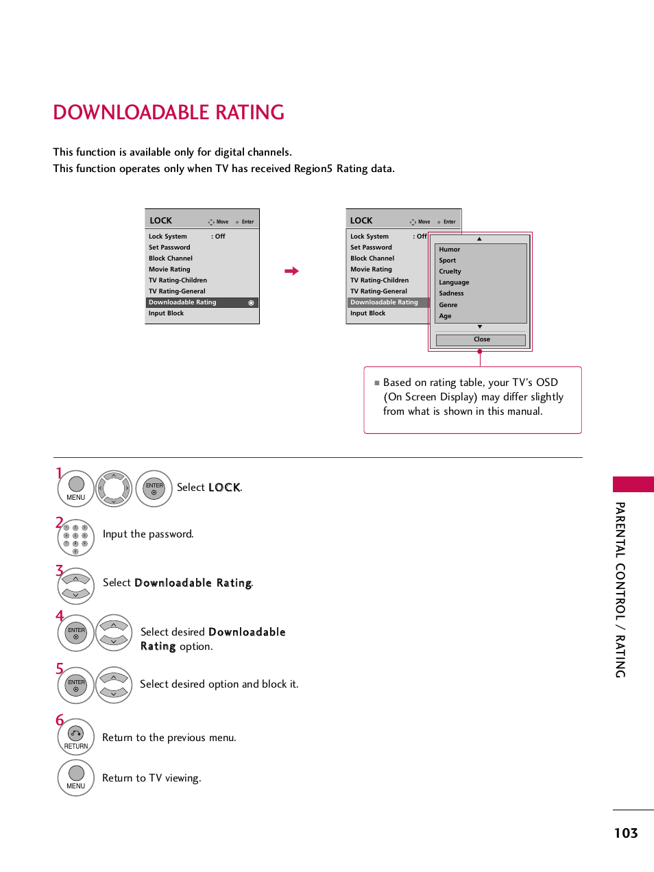 Downloadable rating, Parent al contr ol / r a ting | LG 42PQ30C User Manual | Page 107 / 371