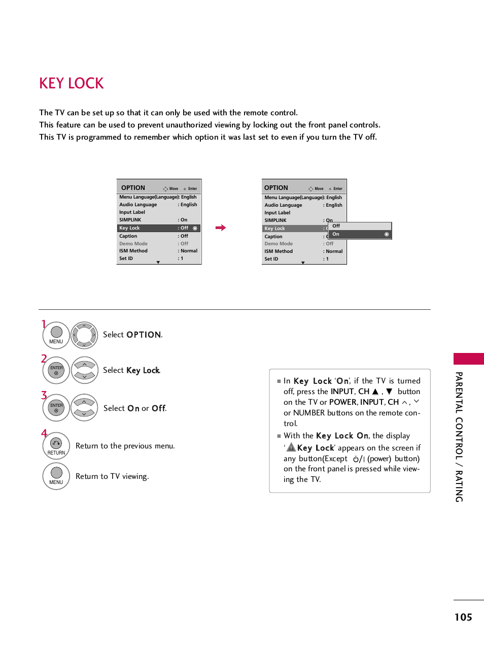 Key lock, Parent al contr ol / r a ting | LG 42PQ30C User Manual | Page 109 / 371