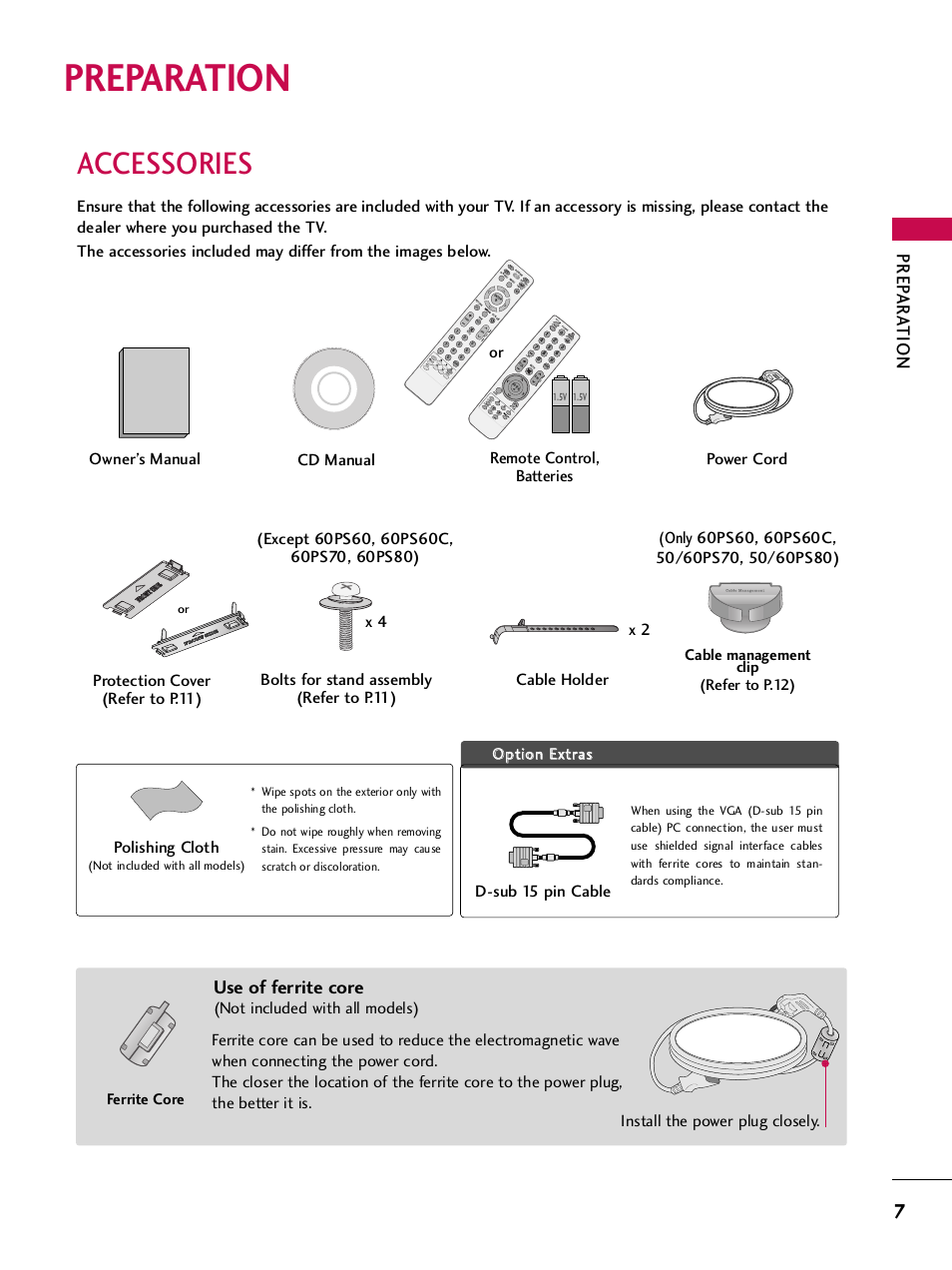 Preparation, Accessories, Prep ar a tion | Use of ferrite core, Polishing cloth, D-sub 15 pin cable, Ferrite core, Pa g e, Lis t, Fre eze rat io | LG 42PQ30C User Manual | Page 11 / 371