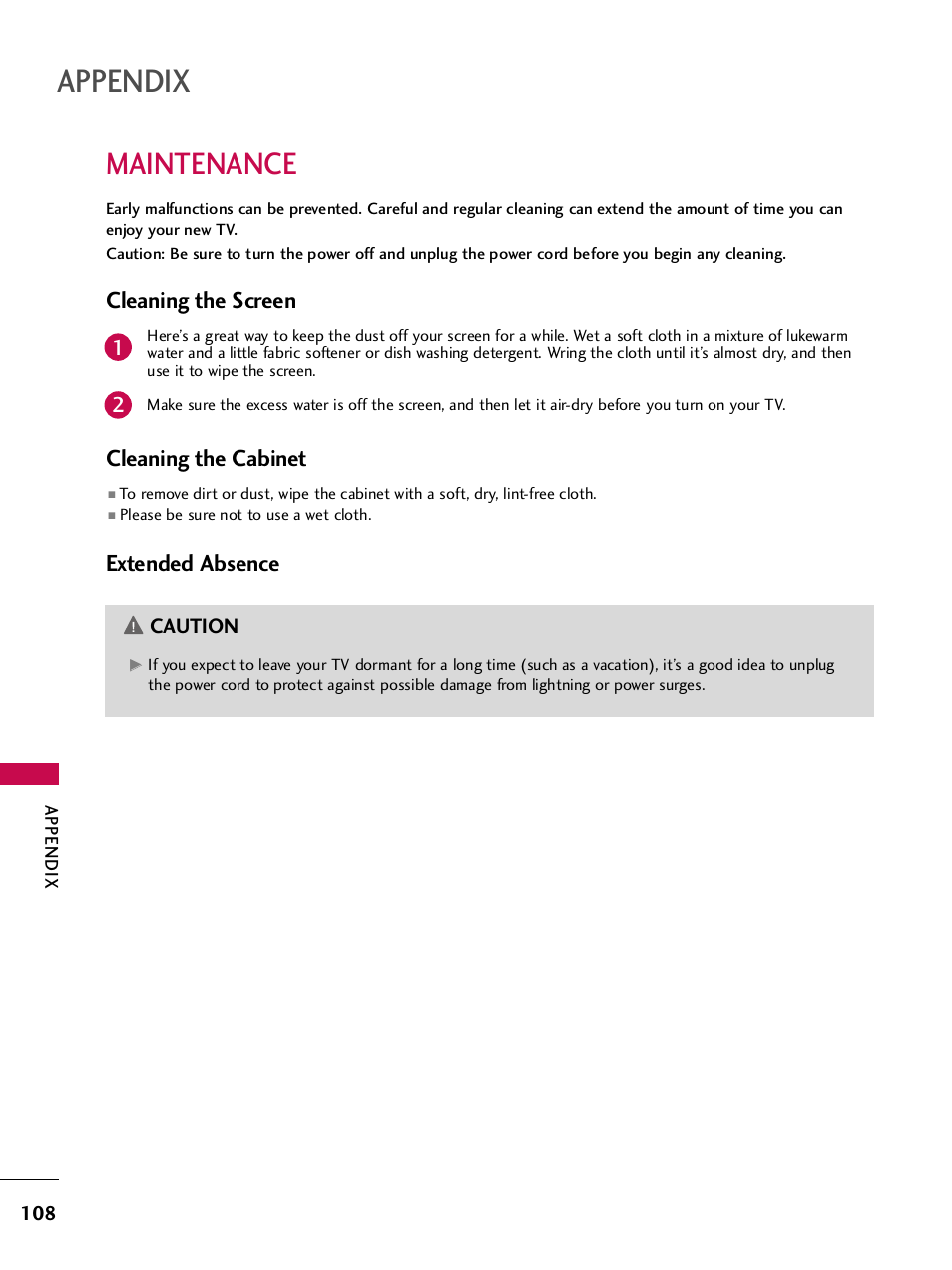 Maintenance, Appendix, Cleaning the screen | Cleaning the cabinet, Extended absence | LG 42PQ30C User Manual | Page 112 / 371