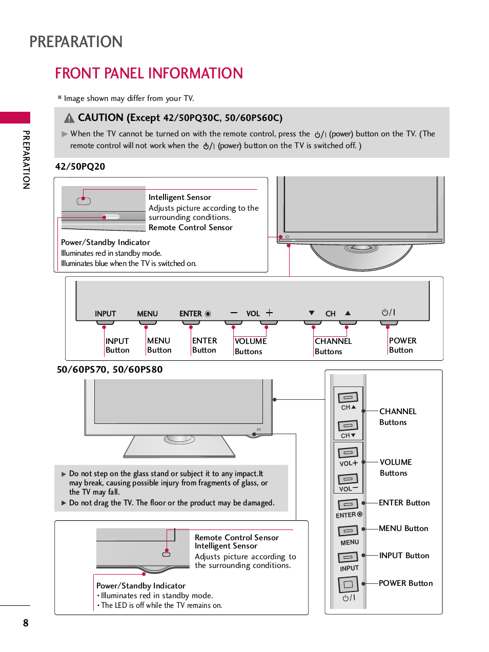 Front panel information, Preparation, Caution (except | Prep ar a tion | LG 42PQ30C User Manual | Page 12 / 371
