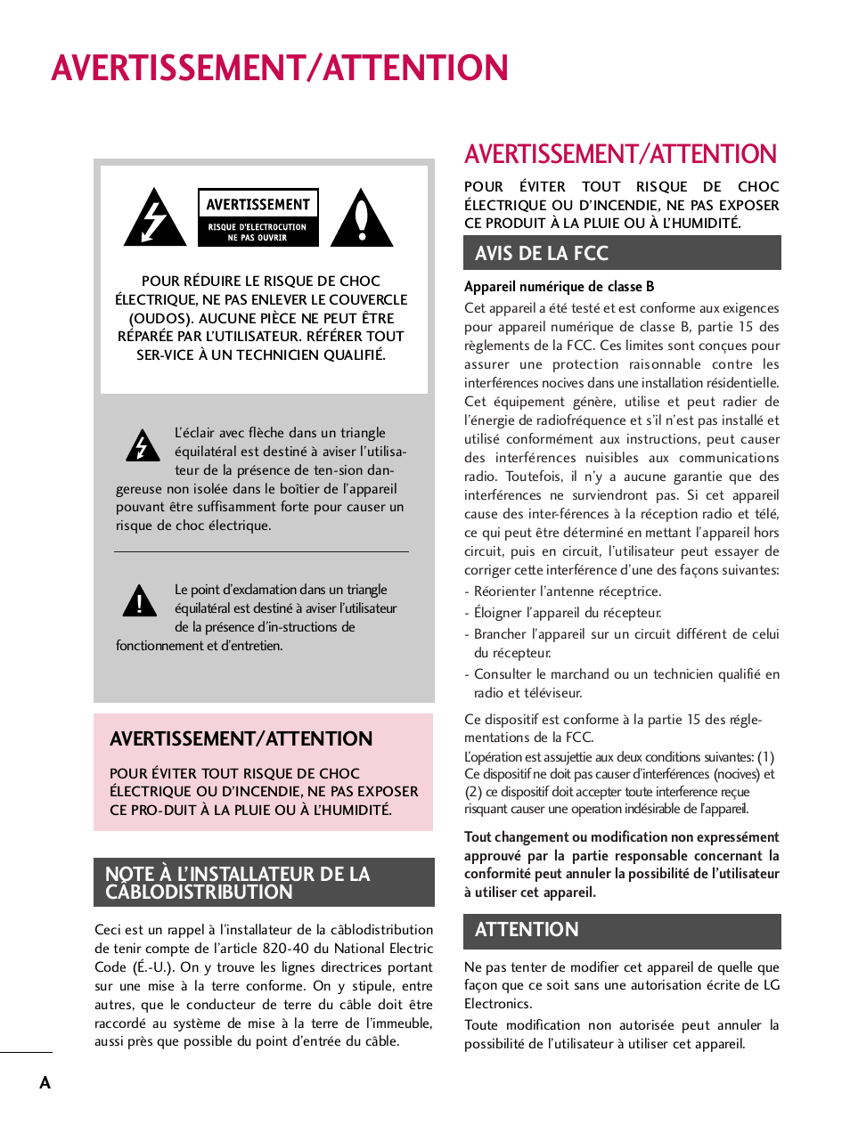 Avertissement/attention, Avis de la fcc, Attention | LG 42PQ30C User Manual | Page 127 / 371