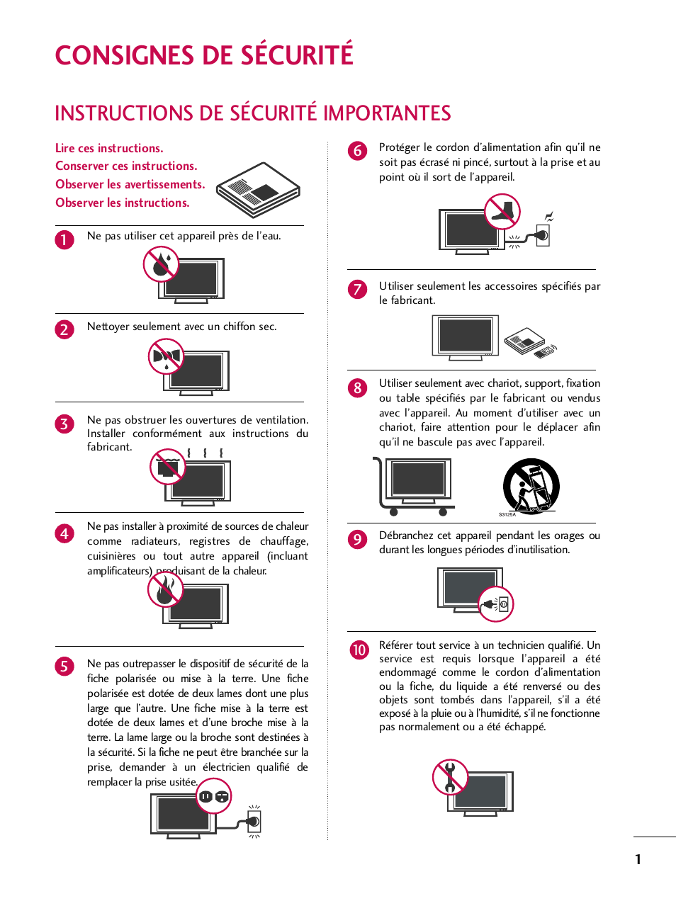 Consignes de sécurité, Instructions de sécurité importantes | LG 42PQ30C User Manual | Page 128 / 371
