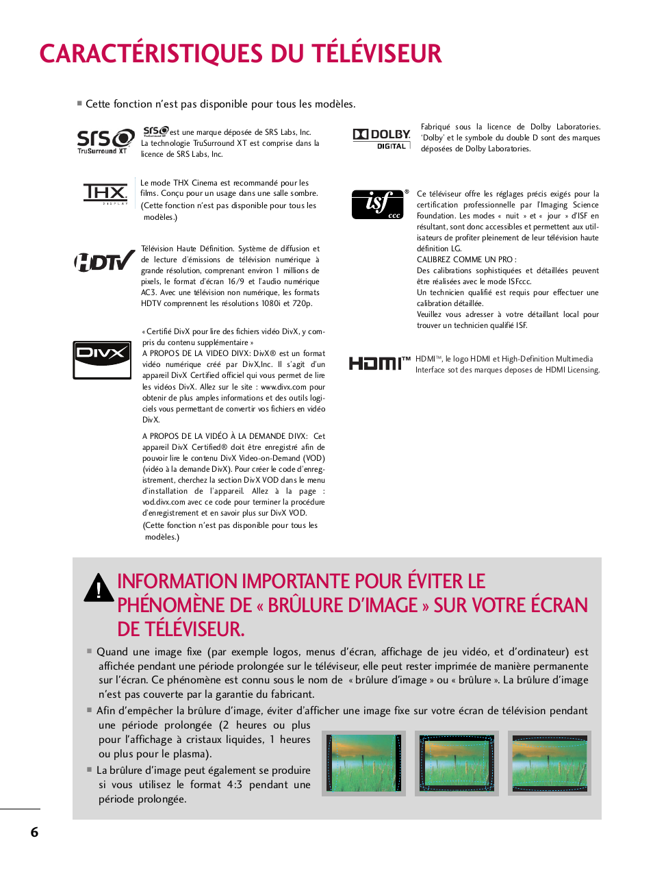 Caractéristiques du téléviseur | LG 42PQ30C User Manual | Page 133 / 371