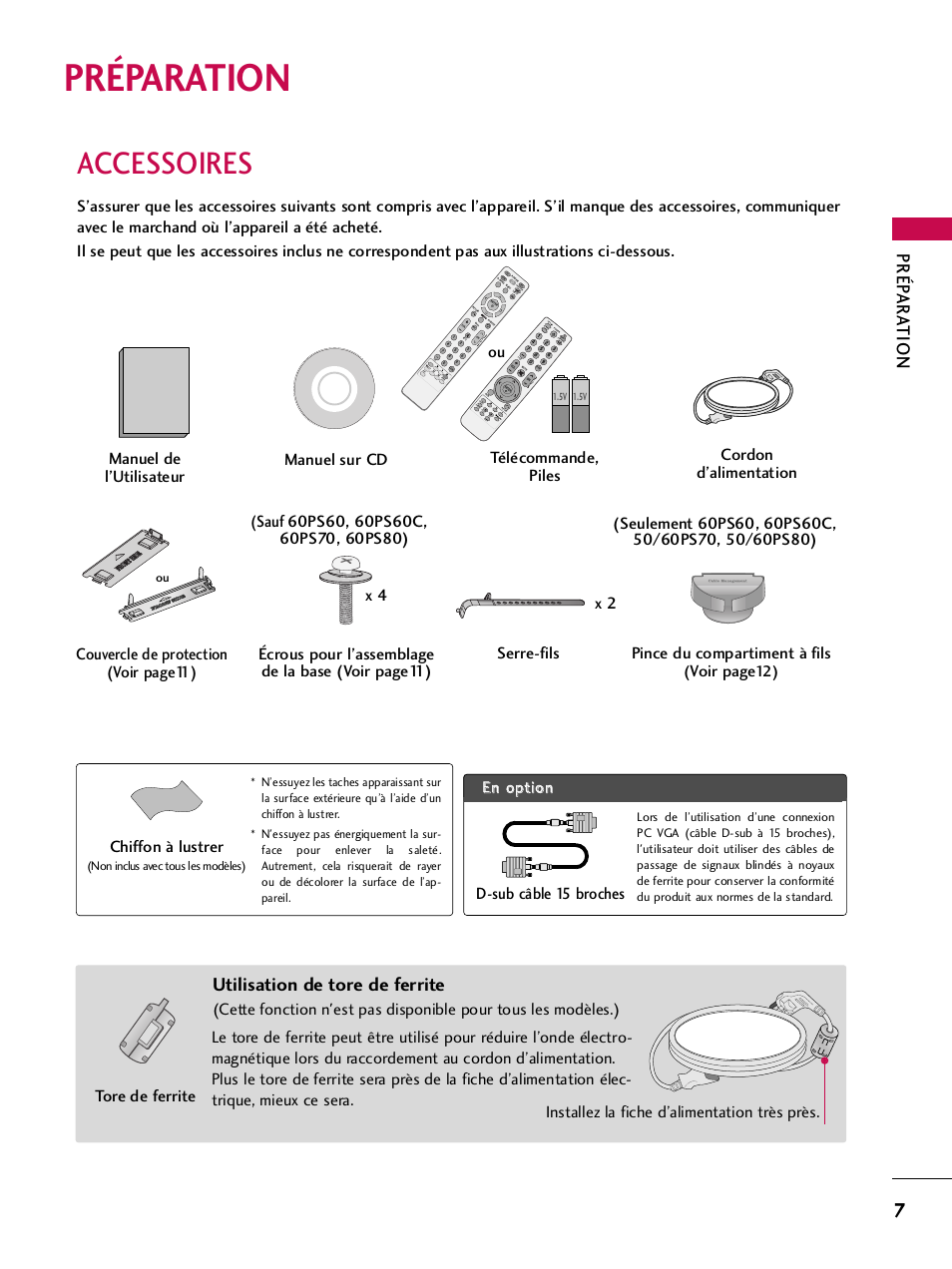 Préparation, Accessoires, Prép ar a tion | Utilisation de tore de ferrite, Chiffon à lustrer, D-sub câble 15 broches, Pa g e, Lis t, Freeze ra tio, Fav ma rk q.m en u | LG 42PQ30C User Manual | Page 134 / 371