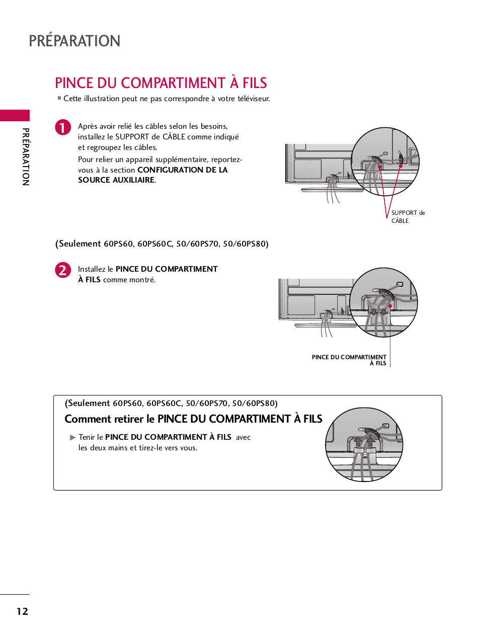 Pince du compartiment à fils, Préparation, Comment retirer le pince du compartiment à fils | LG 42PQ30C User Manual | Page 139 / 371