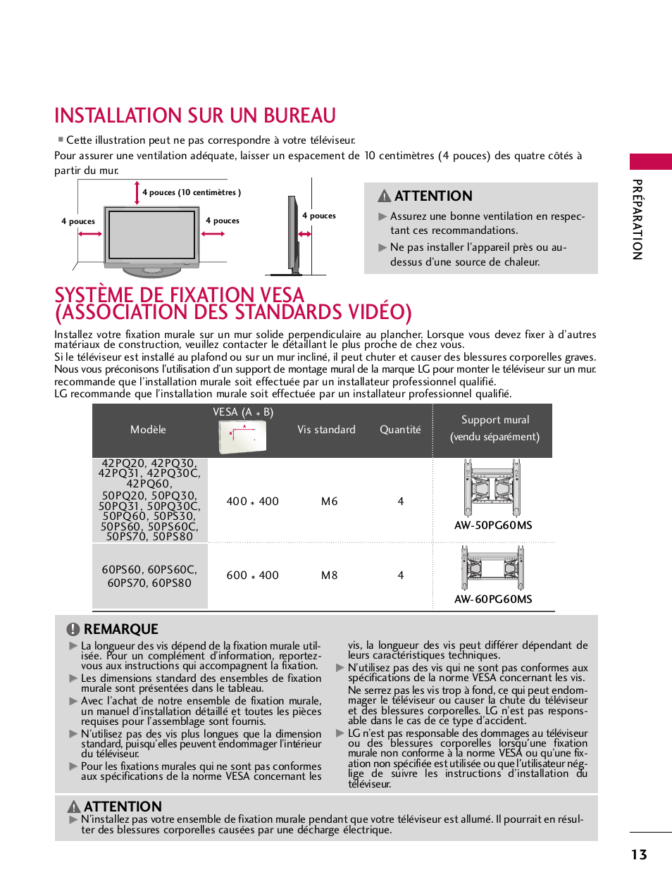 Installation sur un bureau, Attention, Remarque | Prép ar a tion | LG 42PQ30C User Manual | Page 140 / 371