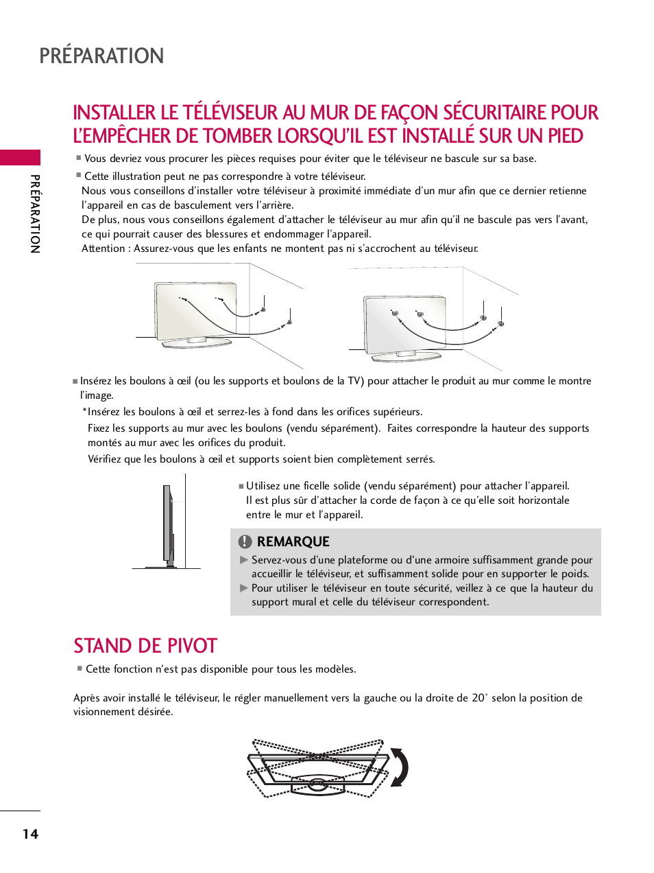 Stand de pivot, Préparation, Remarque | LG 42PQ30C User Manual | Page 141 / 371