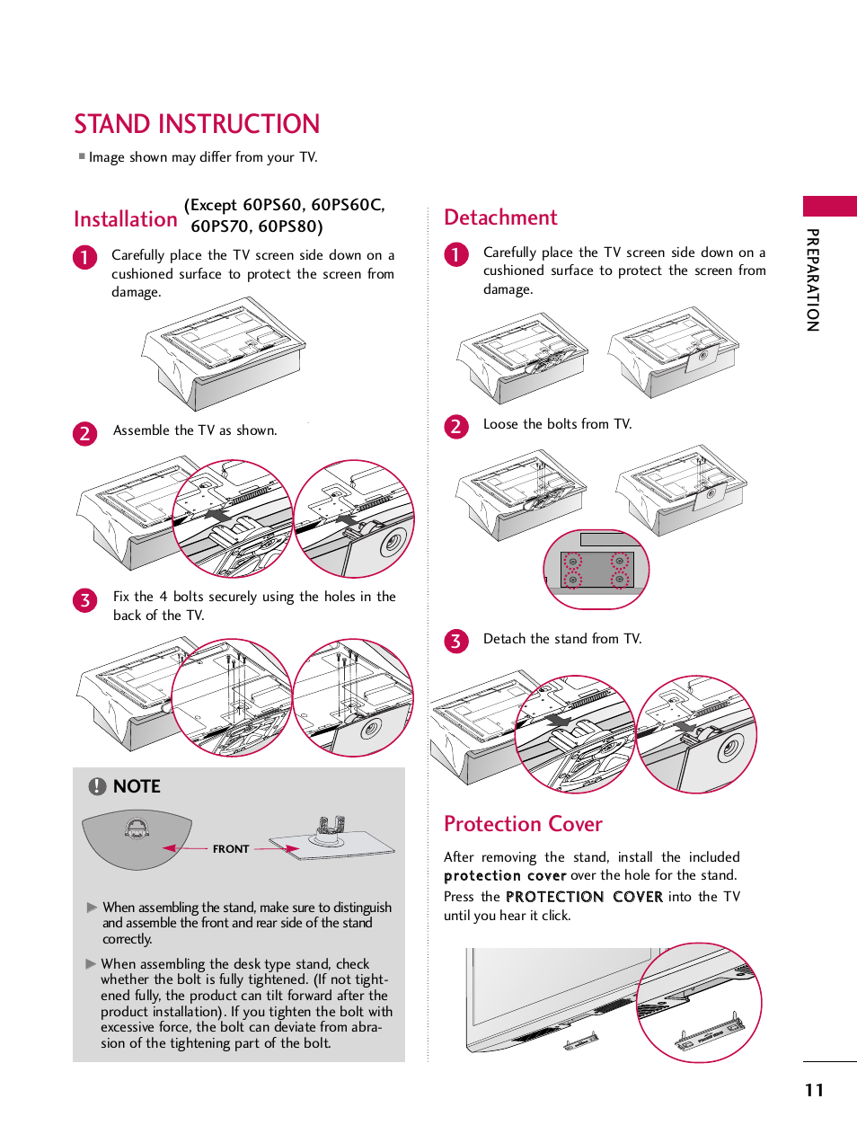 Stand instruction, Protection cover, Installation detachment | LG 42PQ30C User Manual | Page 15 / 371