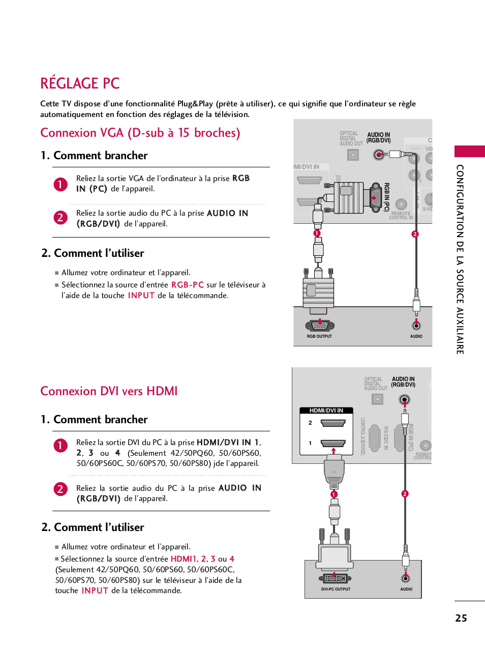 Réglage pc, Connexion vga (d-sub à 15 broches), Connexion dvi vers hdmi | Comment l’utiliser, Comment brancher, Configur a tion de la sour ce a uxiliaire | LG 42PQ30C User Manual | Page 152 / 371