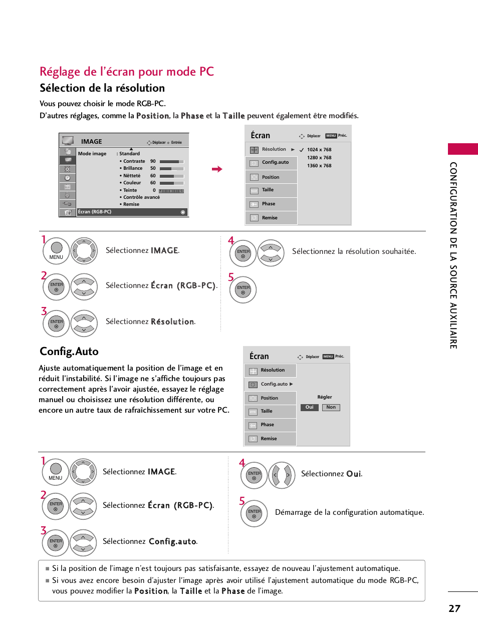 Réglage de l’écran pour mode pc, Config.auto, Sélection de la résolution | Configur a tion de la sour ce a uxiliaire | LG 42PQ30C User Manual | Page 154 / 371