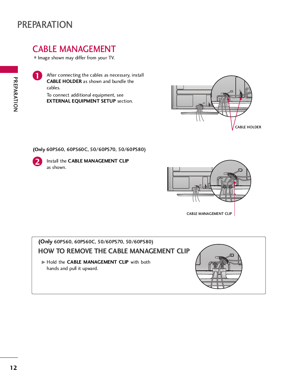 Cable management, Preparation, How to remove the cable management clip | LG 42PQ30C User Manual | Page 16 / 371