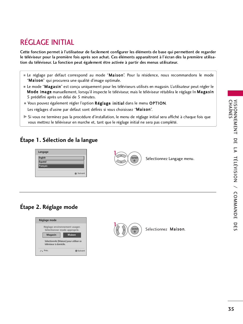 Réglage initial, Glage initial, Étape 2. réglage mode | Étape 1. sélection de la langue | LG 42PQ30C User Manual | Page 162 / 371