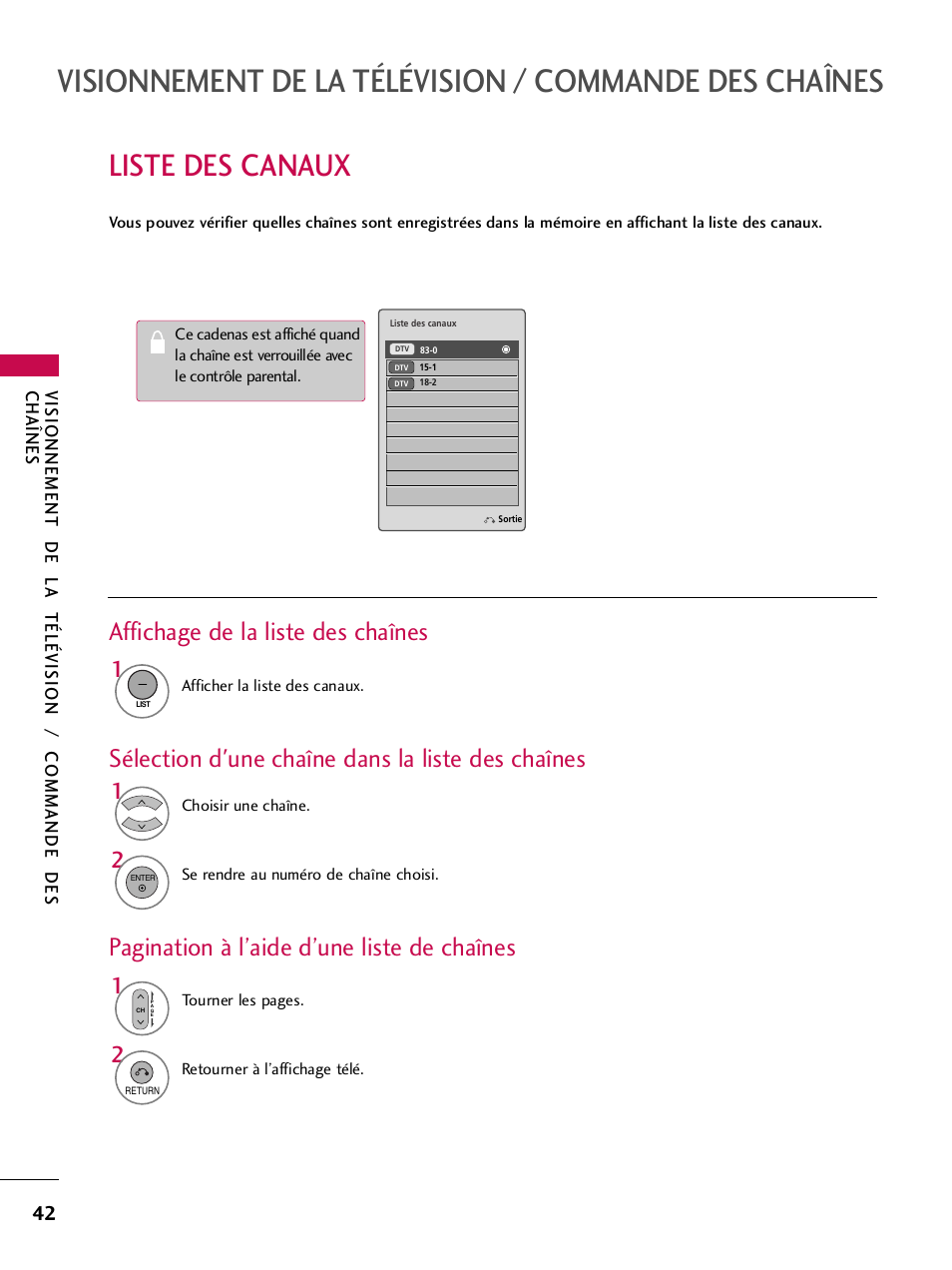 Liste des canaux, Affichage de la liste des chaînes, Sélection d'une chaîne dans la liste des chaînes | Pagination à l’aide d’une liste de chaînes | LG 42PQ30C User Manual | Page 169 / 371