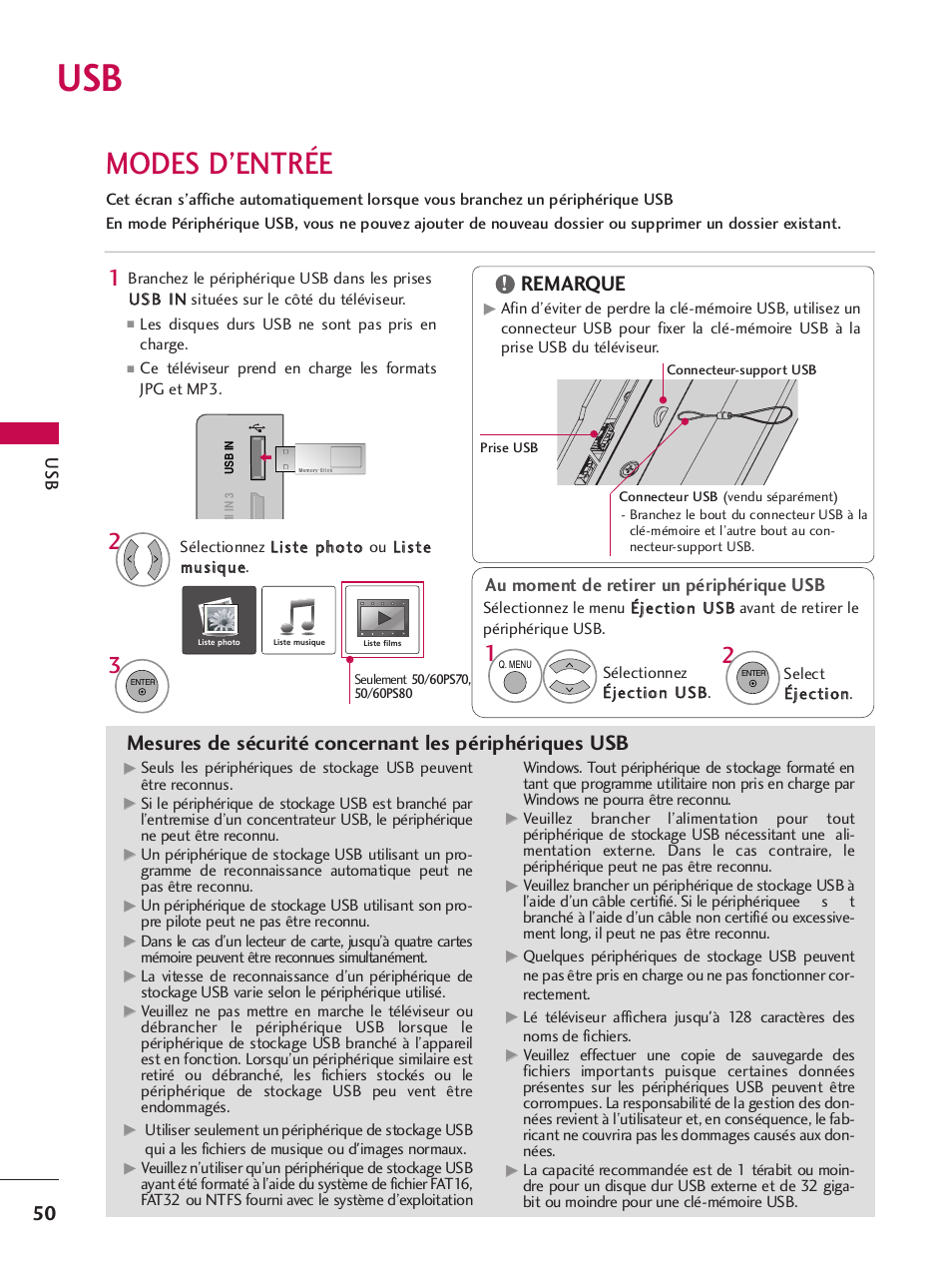 Modes d’entrée, Remarque, Au moment de retirer un périphérique usb | LG 42PQ30C User Manual | Page 177 / 371