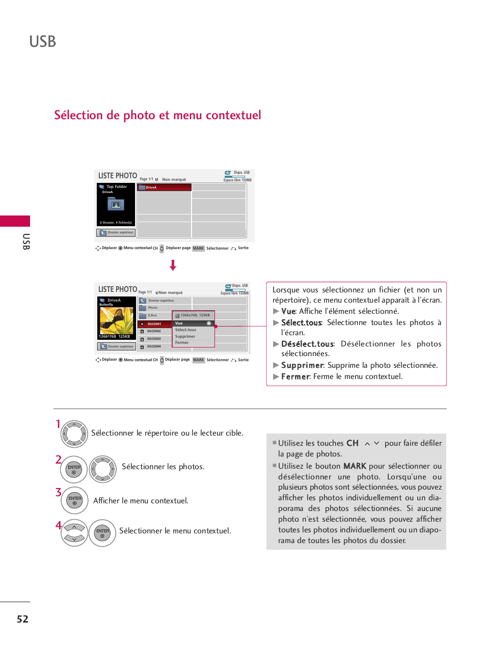 Sélection de photo et menu contextuel, Liste photo, Afficher le menu contextuel | Sélectionner le menu contextuel, Vvu uee: affiche l’élément sélectionné, Ffeerrm meerr: ferme le menu contextuel | LG 42PQ30C User Manual | Page 179 / 371