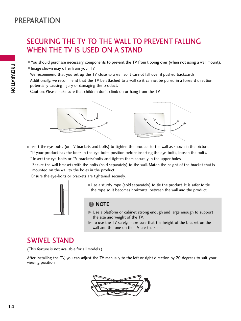 Swivel stand, Preparation | LG 42PQ30C User Manual | Page 18 / 371