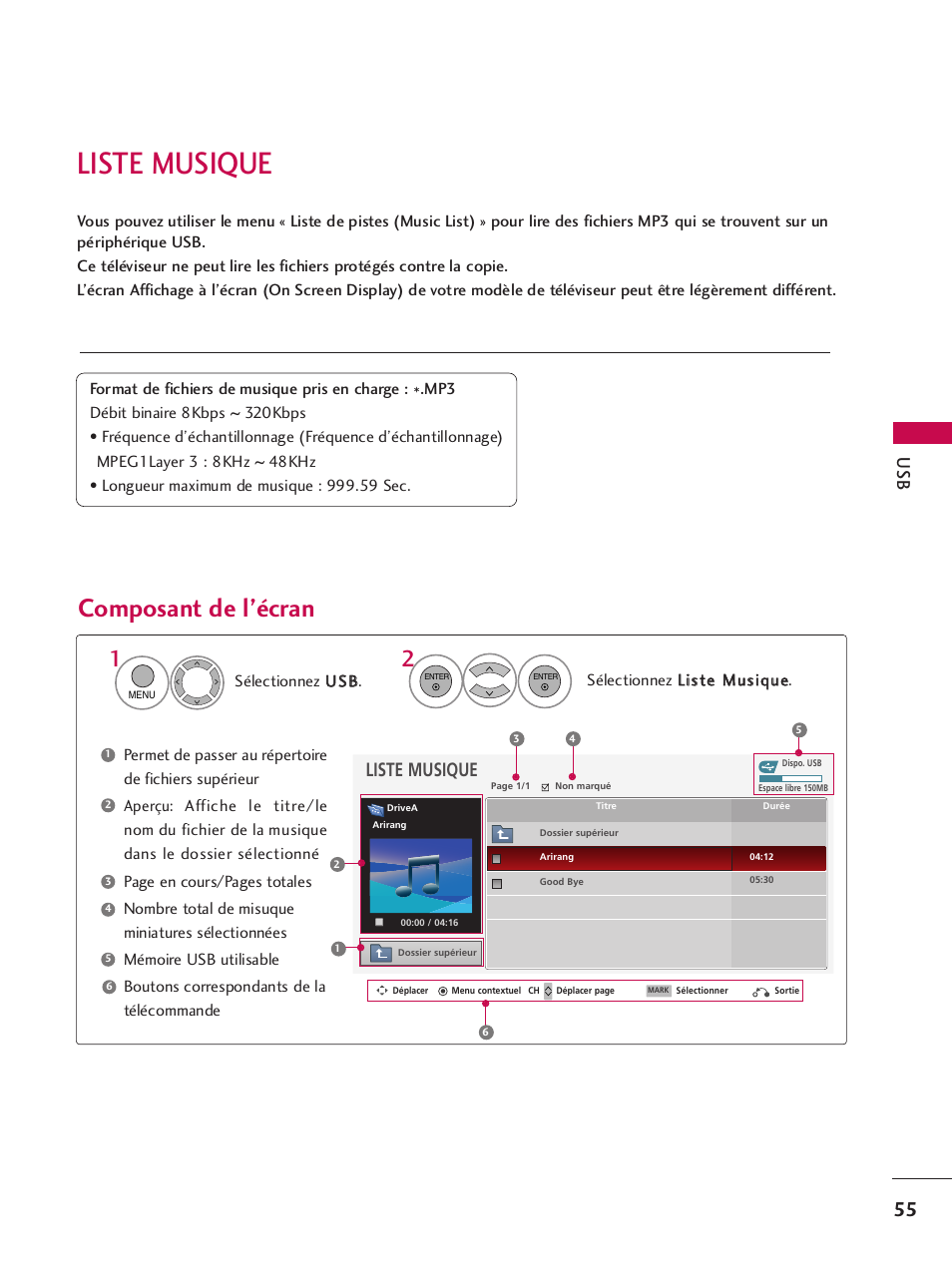 Liste musique, Composant de l’écran | LG 42PQ30C User Manual | Page 182 / 371