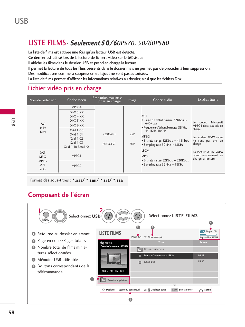 Liste films, Fichier vidéo pris en charge, Composant de l’écran | Sseeu ulleem meen ntt | LG 42PQ30C User Manual | Page 185 / 371