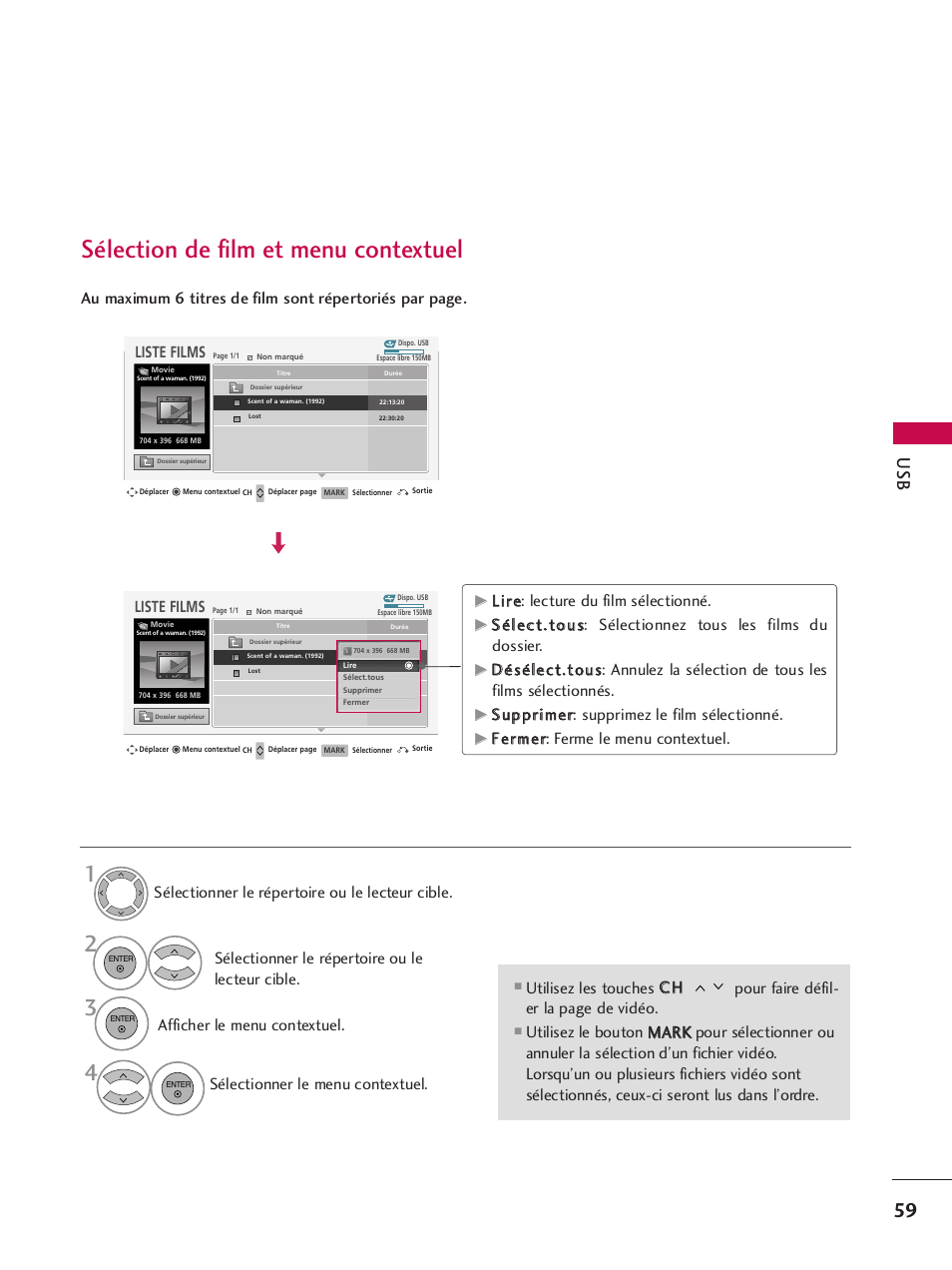 Sélection de film et menu contextuel, Ll ii rr ee: lecture du film sélectionné, Ffeerrm meerr: ferme le menu contextuel | Liste films | LG 42PQ30C User Manual | Page 186 / 371