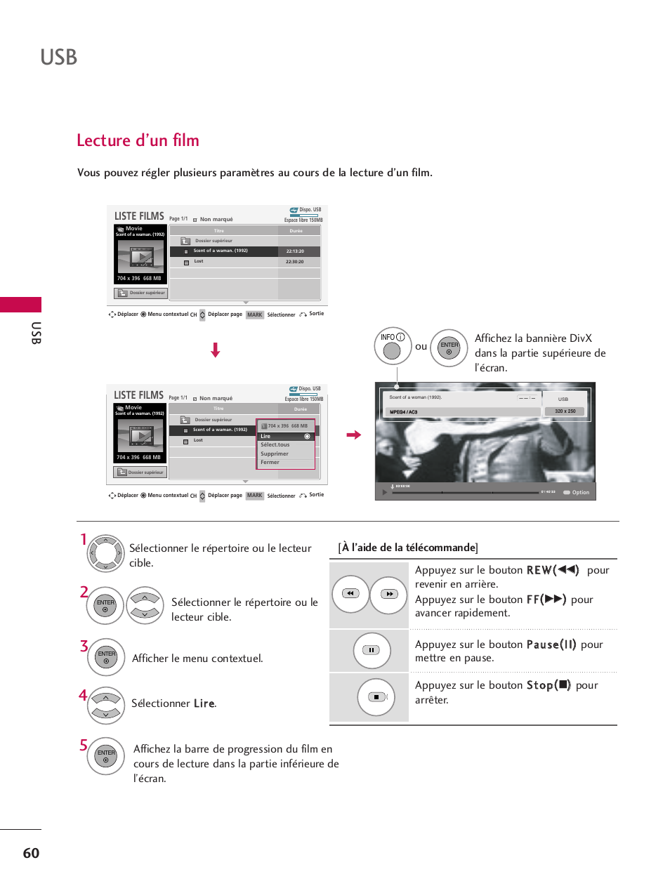 Lecture d’un film, Sélectionner le répertoire ou le lecteur cible, Liste films | LG 42PQ30C User Manual | Page 187 / 371