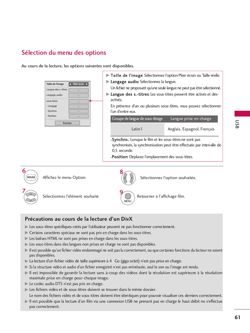 Sélection du menu des options, Précautions au cours de la lecture d’un divx | LG 42PQ30C User Manual | Page 188 / 371