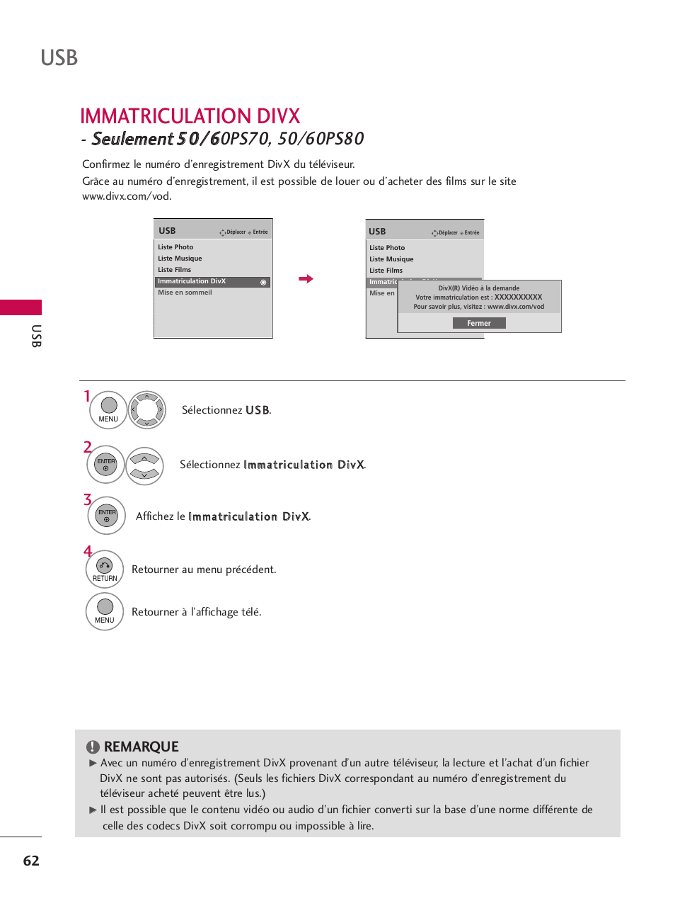 Immatriculation divx, Sseeu ulleem meen ntt, Remarque | LG 42PQ30C User Manual | Page 189 / 371