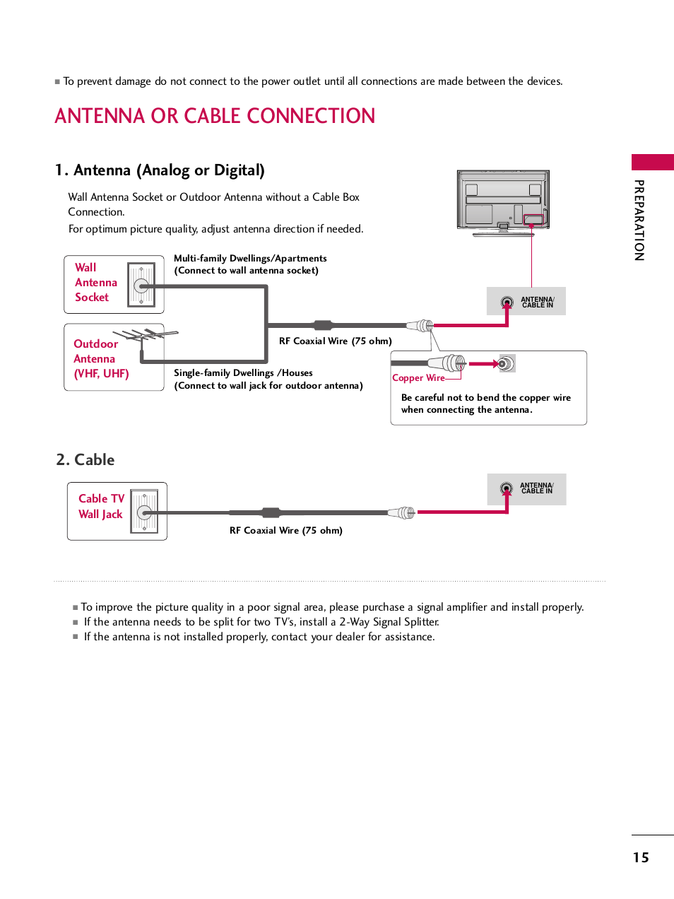 Antenna or cable connection, Antenna (analog or digital), Cable | Prep ar a tion | LG 42PQ30C User Manual | Page 19 / 371