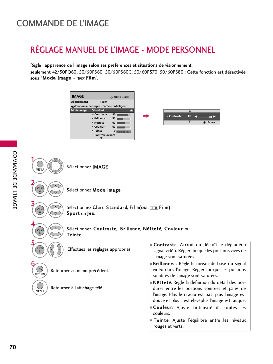 Réglage manuel de l’image - mode personnel, Commande de l’image, Commande de l ’ima ge | LG 42PQ30C User Manual | Page 197 / 371