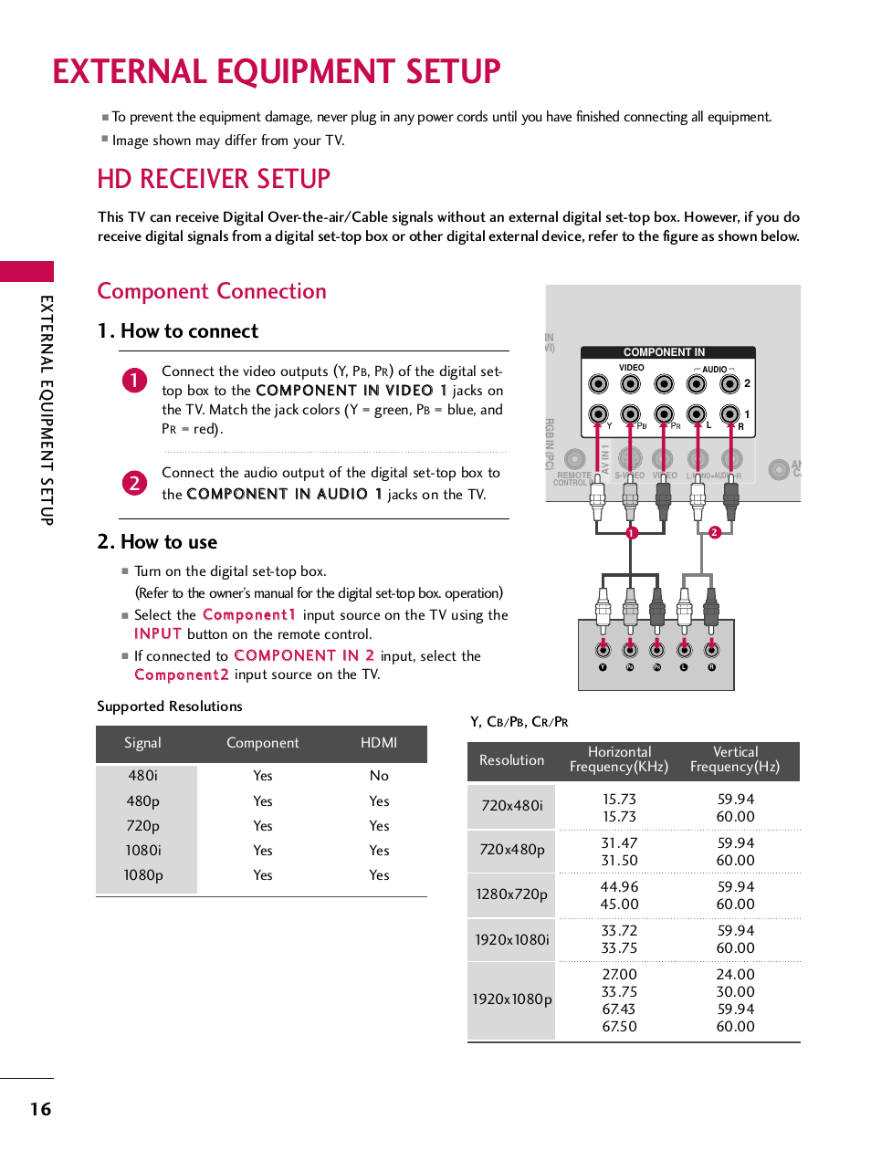 External equipment setup, Hd receiver setup, Component connection | How to connect, How to use, External eq uipment setup | LG 42PQ30C User Manual | Page 20 / 371