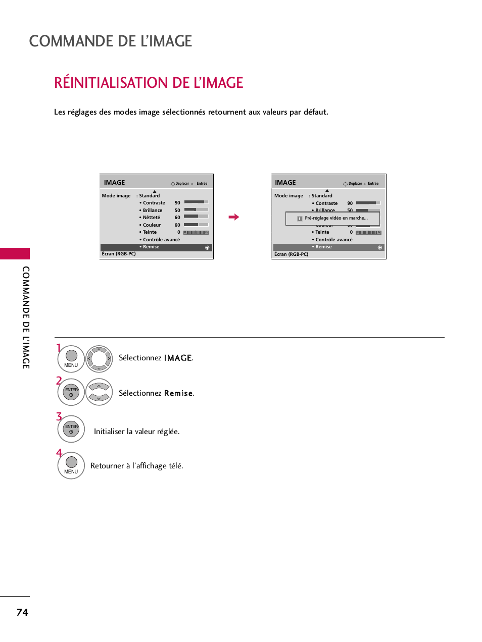 Réinitialisation de l’image, Commande de l’image, Commande de l ’ima ge | Retourner à l’affichage télé | LG 42PQ30C User Manual | Page 201 / 371