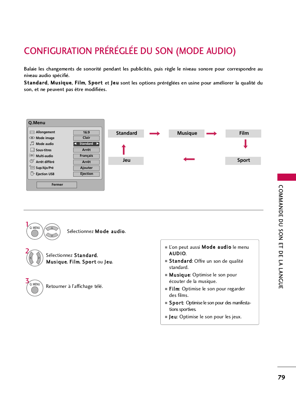 Configuration préréglée du son (mode audio), Commande du son et de la langue | LG 42PQ30C User Manual | Page 206 / 371