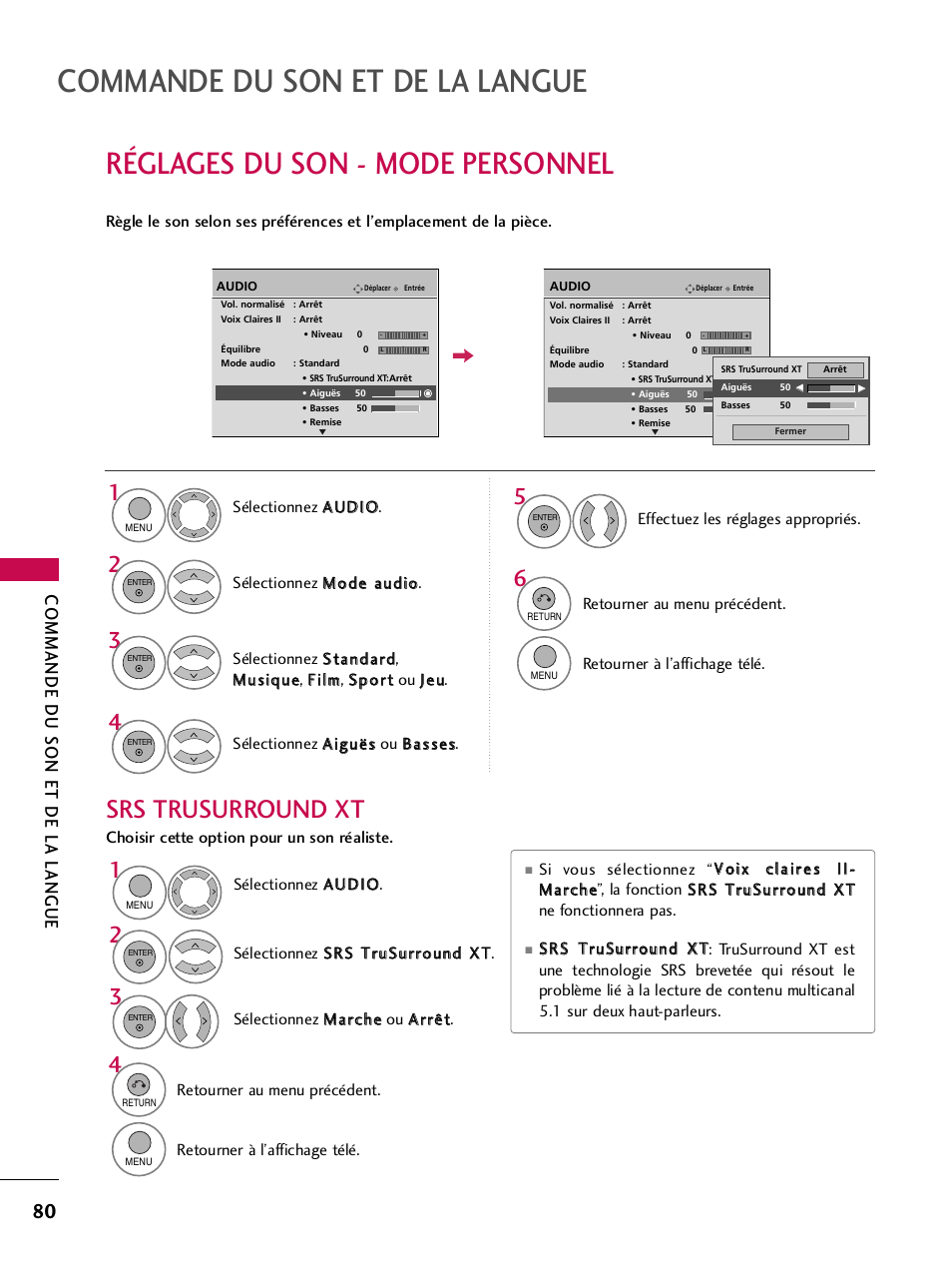 Réglages du son - mode personnel, Srs trusurround xt, Commande du son et de la langue | LG 42PQ30C User Manual | Page 207 / 371